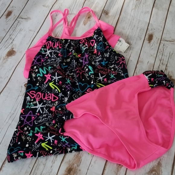 Justice for Girls Pink Emoji Dot Tiered Tankini
